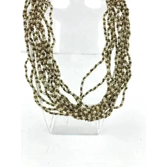 Multi Strand Layered White Gold Seed Bead Statement Necklace 18" - Picture 6 of 6